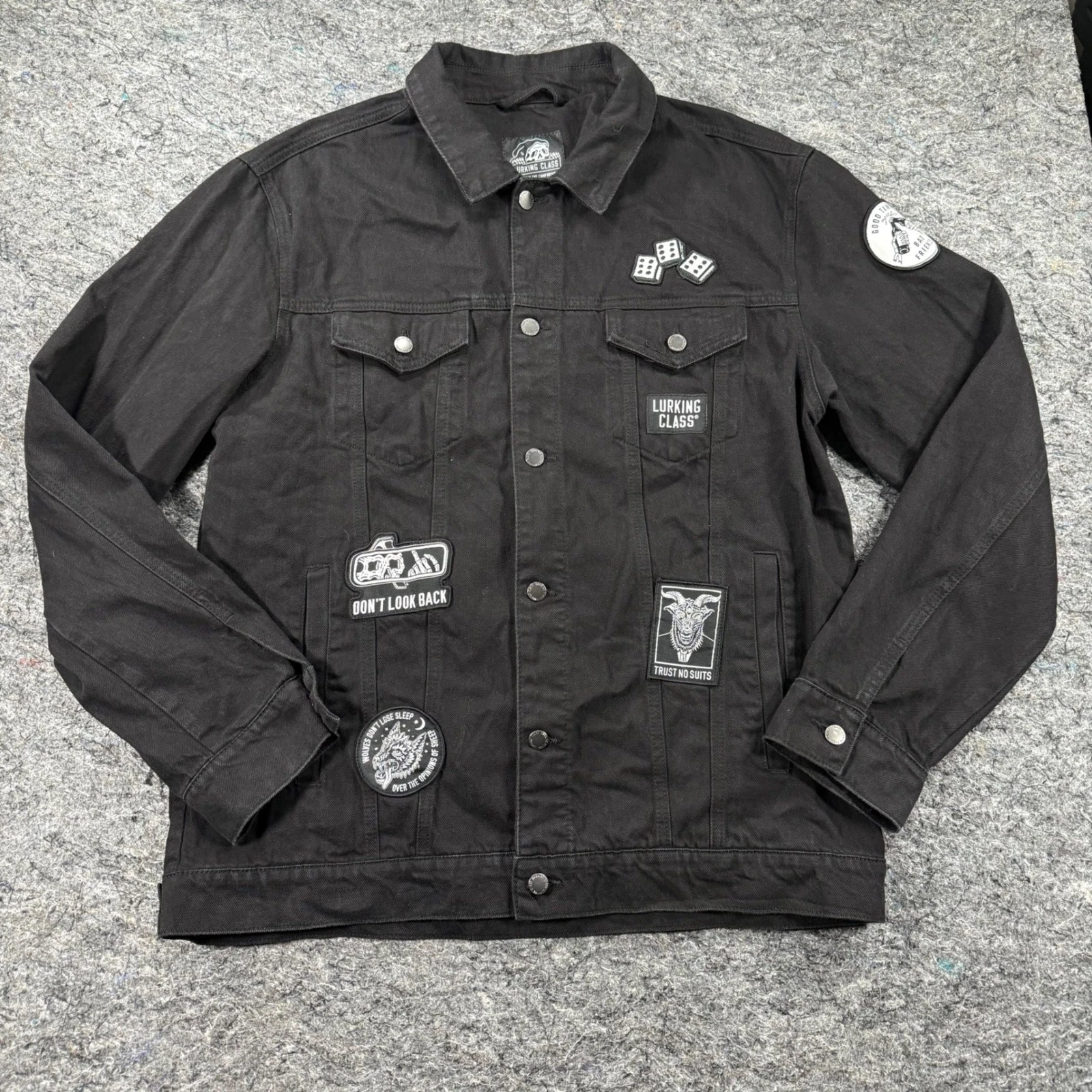 Lurking Class Sketchy Tank Mens XL Black Denim Patch Trucker Jacket Streetwear - product detail image 1