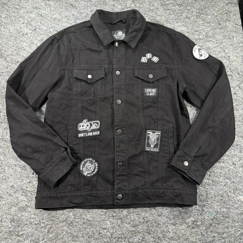 Lurking Class Sketchy Tank Mens XL Black Denim Patch Trucker Jacket Streetwear video thumbnail