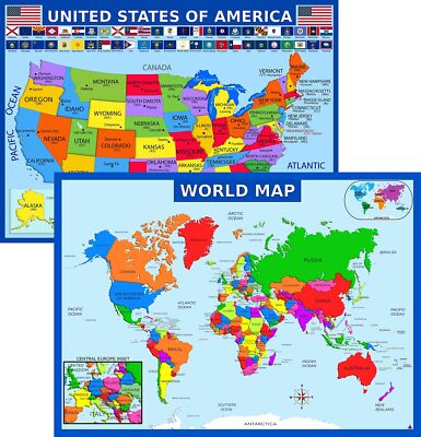 World Map Poster and USA Map with Extra Features - Laminated Educational Post...