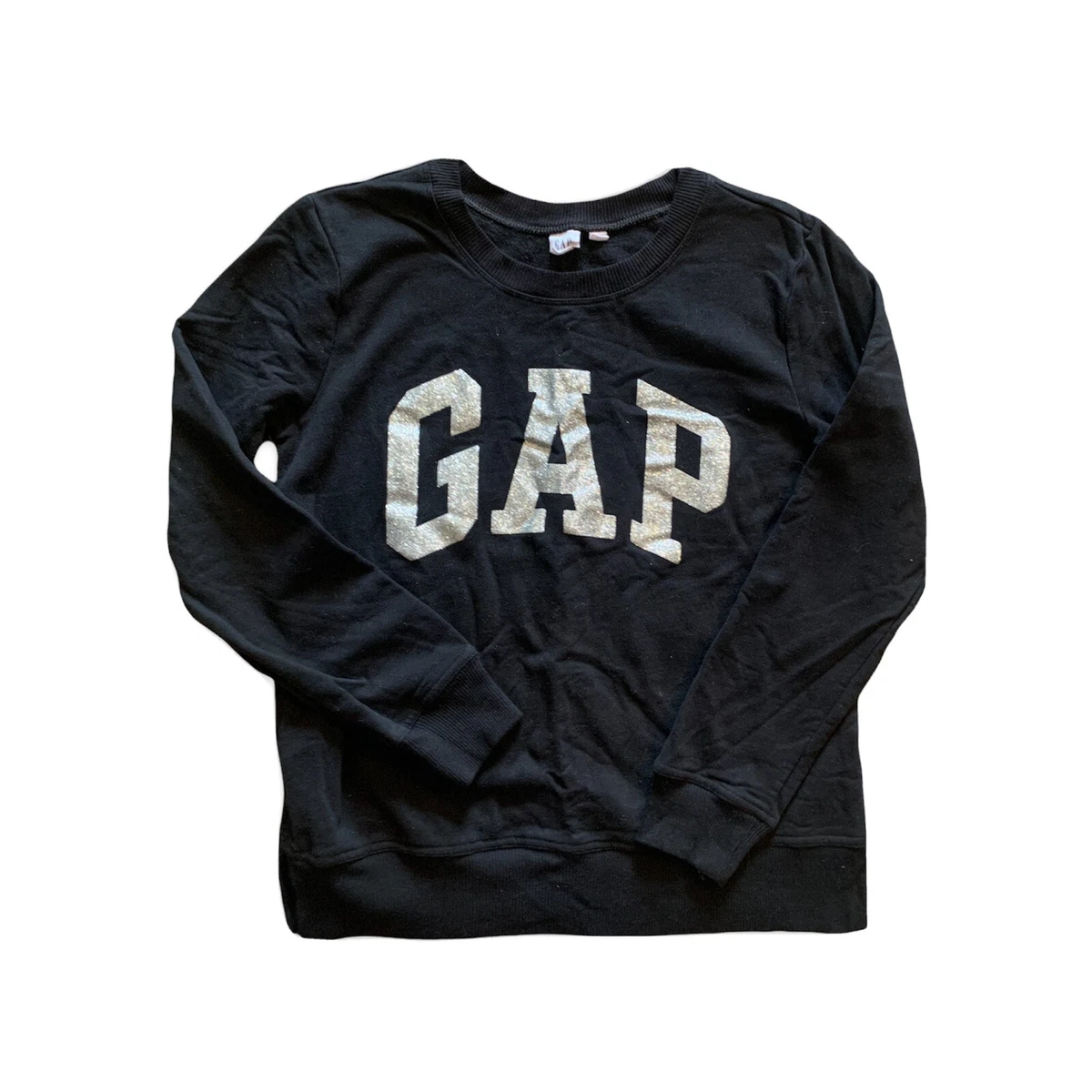 GAP Women s S Crew Neck Long Sleeve Sweatshirt Black Glitter Silver Spellout
