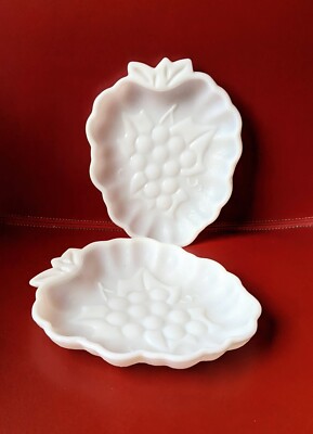 Set of 2 MCM Raspberry Grape Fruit Shape Milk Glass 7'' PLATE Bowl Candy DISH 