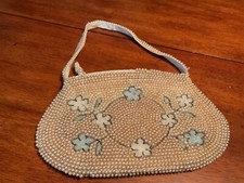 Vtg50 s Exquisite Seed Pearl beaded Clutch Bag w/ Crystal beaded Flowers