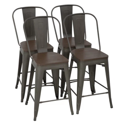 FDW Metal Bar Stool Set Of 4 Counter Height Barstool With Back 24 Inches Wood Seat