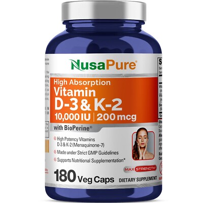 NusaPure Vitamin K2 (MK7) (200mcg) + Vitamin D3 (10000 IU) 180 Veg Caps