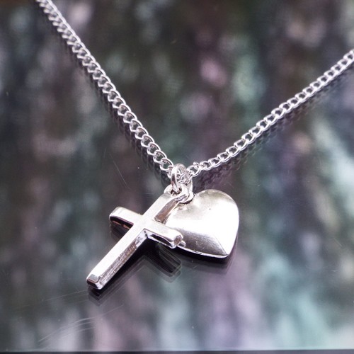 Cross & Heart Pendant Necklace with Silver Plated Chain by Hudegate - Picture 2 of 5