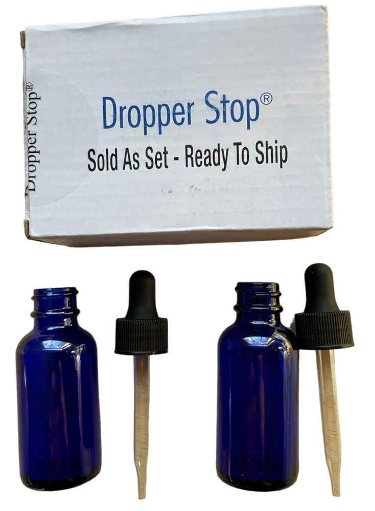 Two X 1 ounce Empty Glass Dropper Bottles - Blue - Dropper Stop