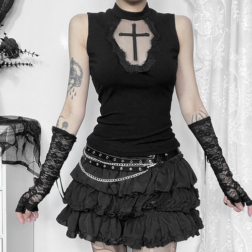 Mujeres Calle Gótica Camisola Punk Camiseta sin Mangas Sexy Camiseta corta Chaleco Camiseta - Imagen 7 de 8