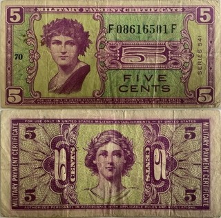 1958 1961 5 Cents Military Payment Certificate Series 541 Fine ((CA Stock))