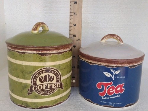 Vintage Look Ceramic Cannisters For Tea & Coffee, Farmhouse Decor Set Of Two. - Bild 2 von 15