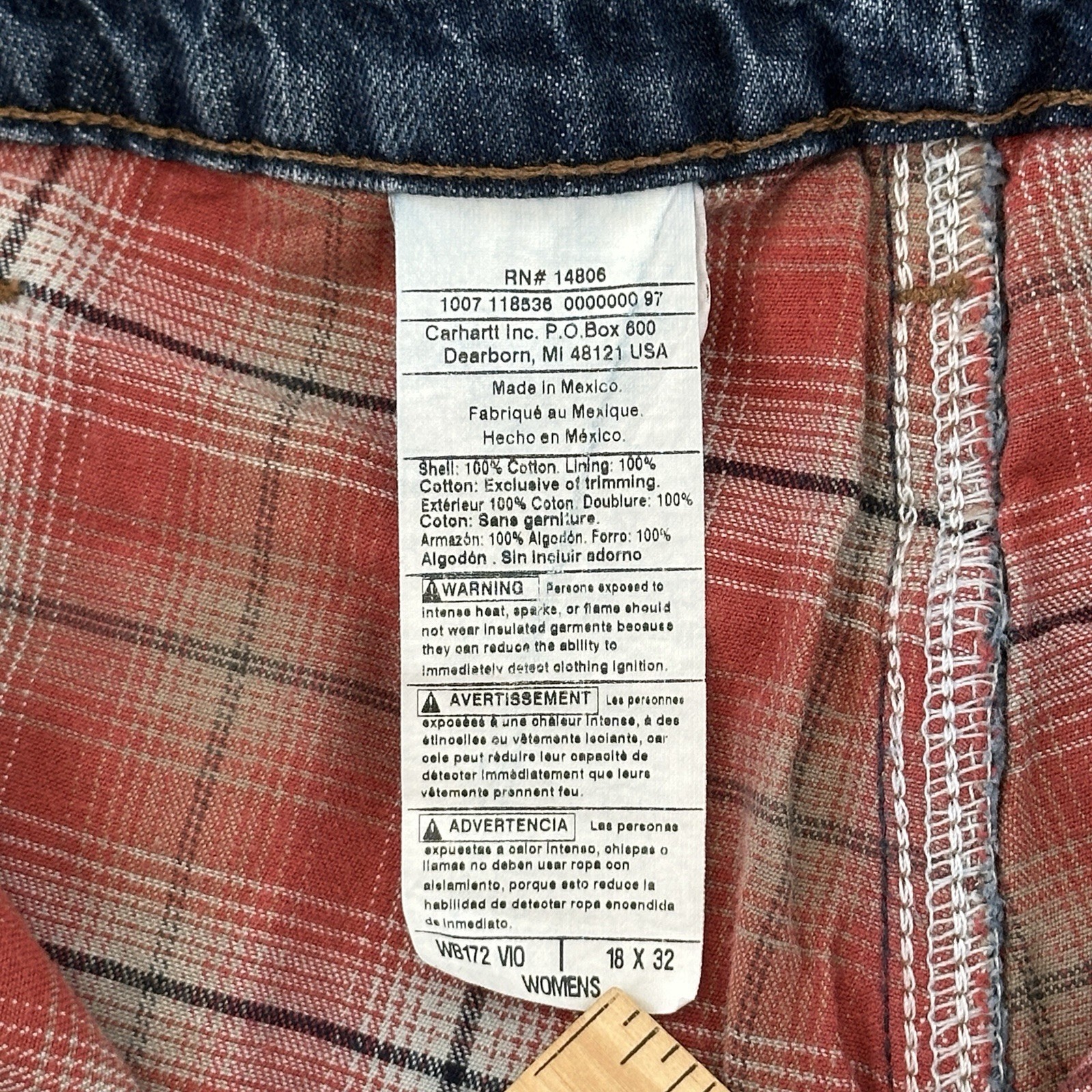 Women’s Carhartt Plaid Lined Jeans 18x32 Straight Fit Dark Wash Denim Workwear thumbnail 3