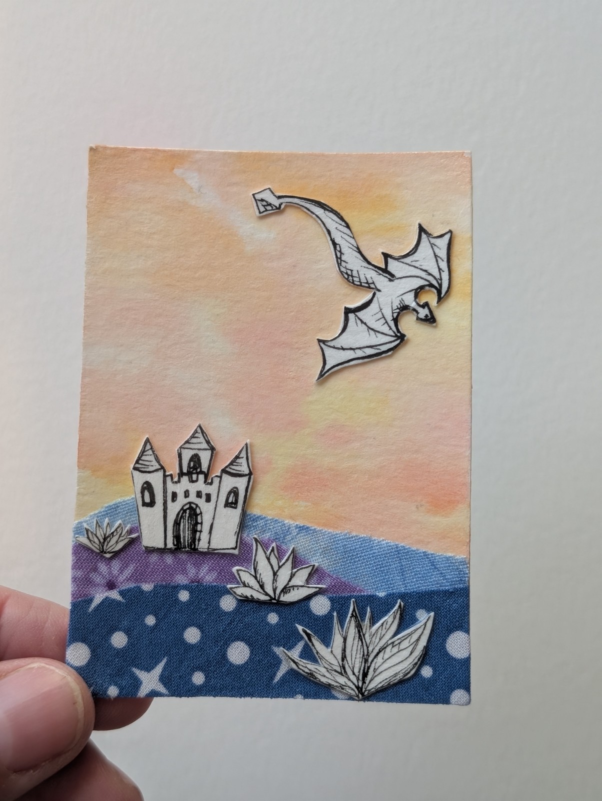 ACEO Dragon And Castle Original Art Mixed Media Signed by artist Therecreative