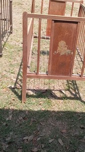 Vintage Wooden Baby Cradle Brown Wood Metal Spring Wire Base Decorative Panel