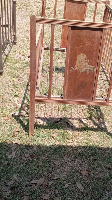 Vintage Wooden Baby Cradle Brown Wood Metal Spring Wire Base Decorative Panel