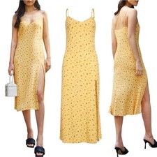 Reformation Crimini, Gwen Yellow Floral Print, Midi Slip Dress (8) Leg Slit