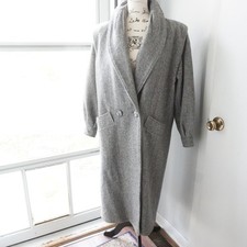 VTG 80s Herringbone Wool Blend Long Coat Shawl Collar Women Outerwear PuffSleeve