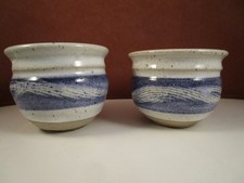 Vintage Pair of Handmade Art Pottery Cups Bowls Blue Swirl
