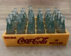 Vintage Mini Plastic Clear Green Coca Cola Bottles in Yellow Crate