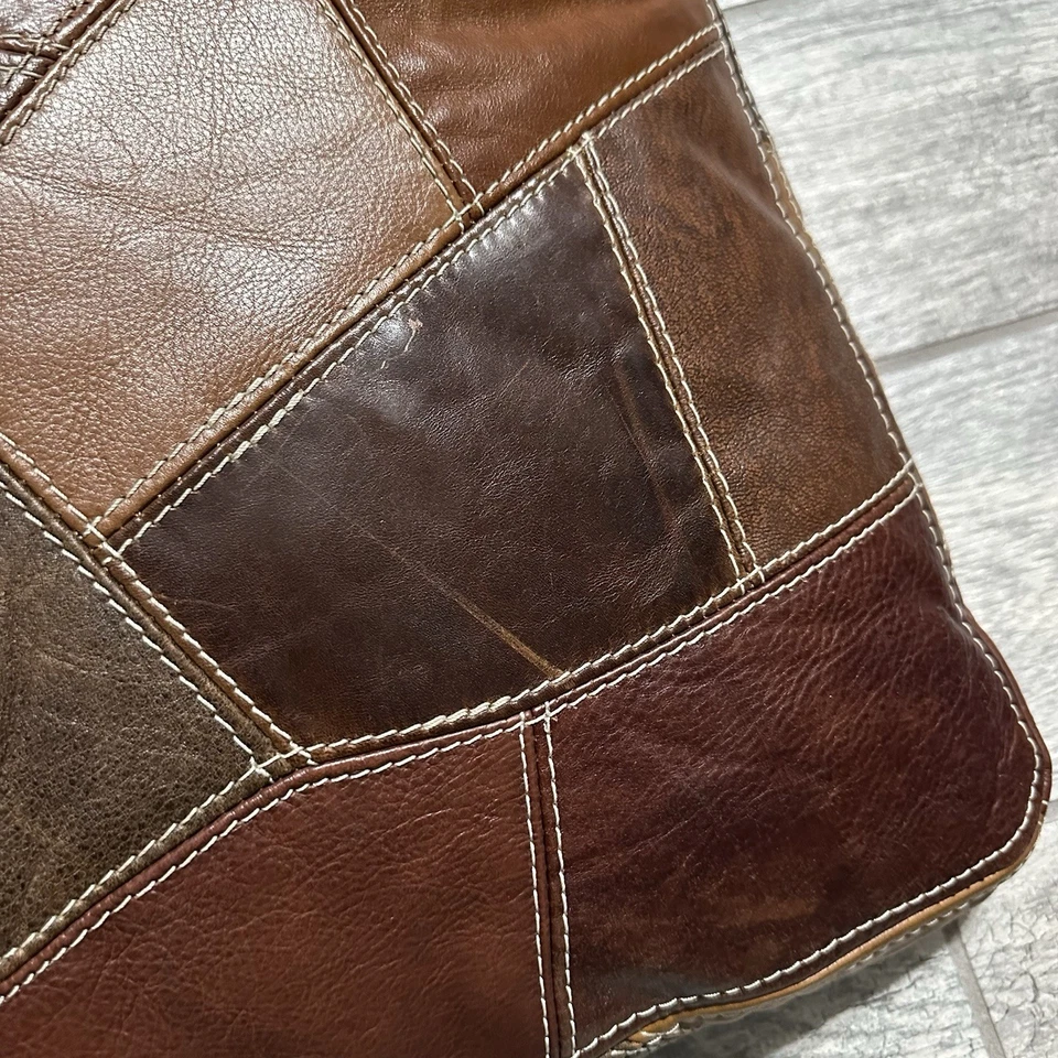 3 Vintage 1980s Patchwork Leather Throw Pillows With Side Zippers 17"X17" - Image 4 of 4