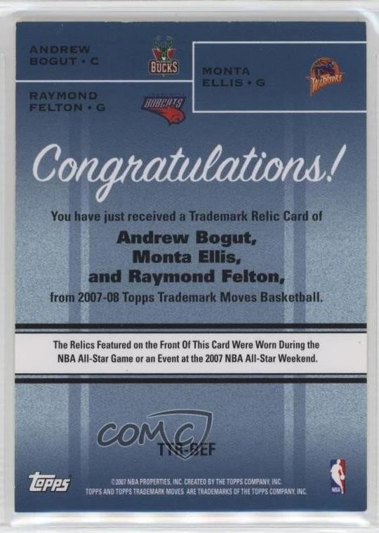 2007 Trademark Moves Triple Relics /199 Andrew Bogut Monta Ellis Raymond Felton - Image 2 of 2
