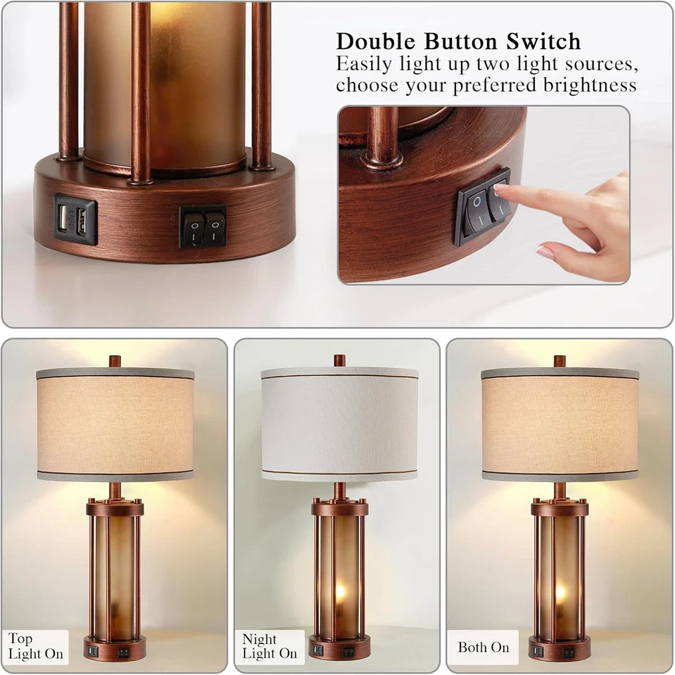 Set of 2 Farmhouse Table Lamps for Living Room, Rustic Bedside Lamps with 2 USB - Image 2 of 4