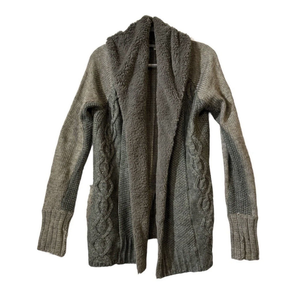 Mystree Grey Angora Wool Blend Chunky Cable-Knit Open front Cardigan L Cozy