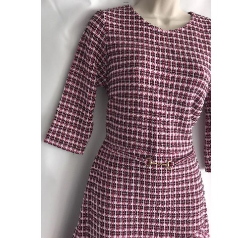 New Lipsy Size 12 Pink White Black Curve Hem Skater Boucle Belted Dress Party - Picture 9 of 19