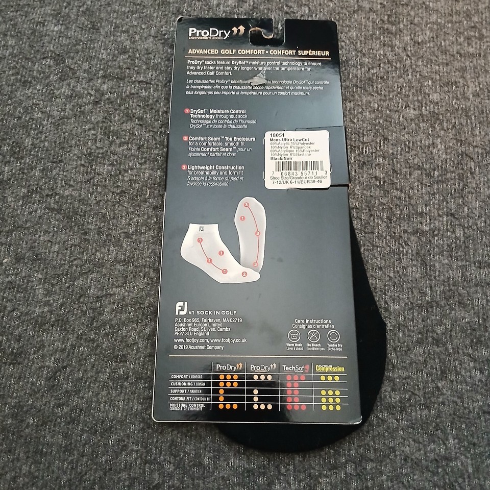 FOOTJOY 1 Pair Socks Mens Ultra Low Cut No Slip/No Show Pro Dry Size 7