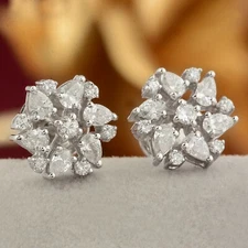 0.90 Ct Lab Grown CVD Stud 14k White Gold Cluster Earrings Handmade Jewelry Gift