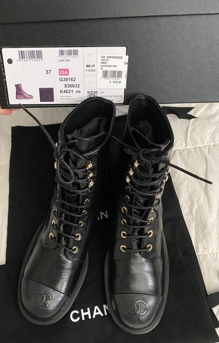 Chanel Combat Lace Up Boots Shiny Goatskin Black & Dark Gray Chanel Combat Lace Up Boots Shiny Goatskin Black & Dark Gray