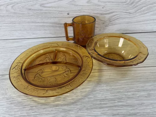 Tiara Amber Glass Dish Set Children's Nursery Rhyme Divided Plate Bowl Mug Vtg