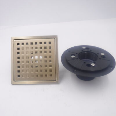 6'' SUS304 Brushed Gold Stainless Steel Square Floor Shower Drain w/Flange