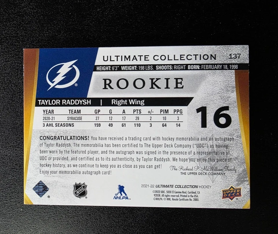 2021-22 Taylor Raddysh Ultimate Collection Rookie Patch Autograph 14/15 #137 - Image 2 of 2