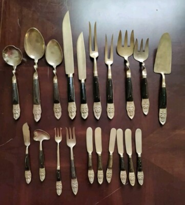 Serving Utensils VTG Asian Thailand Siam Buddha Brass & Rosewood 20 pc Flatware