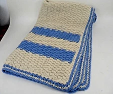 Hand Crochet Blue and Cream Afghan /Lap Blanket Throw Heavy 40" x 72" Stripes