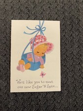 Vintage Greeting Card Baby Announcement Girl In Blue Swing G8