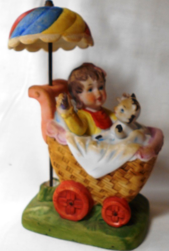 Vtg Marked Porcelain Baby Girl in Carriage/ Pram  with Umbrella and Kitten