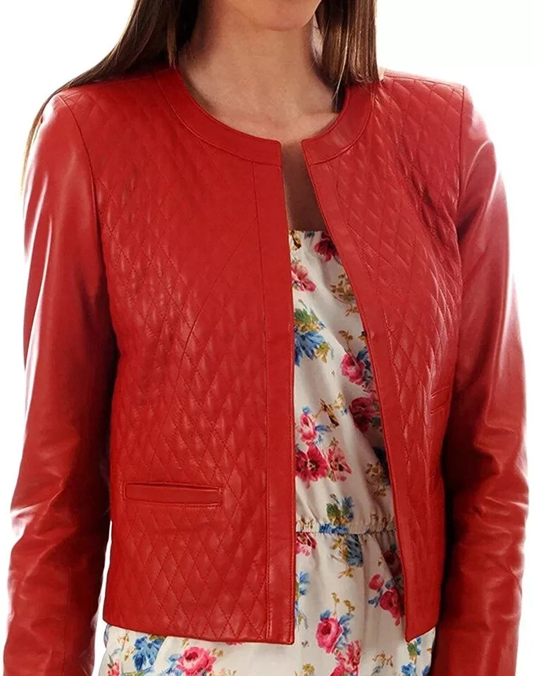 HOT! Women's Genuine Lambskin Leather Jacket Slim Fit Biker Red Quilted Coat