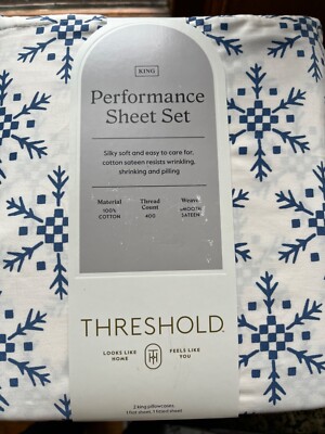 Threshold 400 Thread Count Performance Printed Sheet Set Blue Ivory King NEW