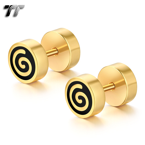 TT 8mm 18K Gold GP Surgical Steel Greek Key Round Fake Ear Plug