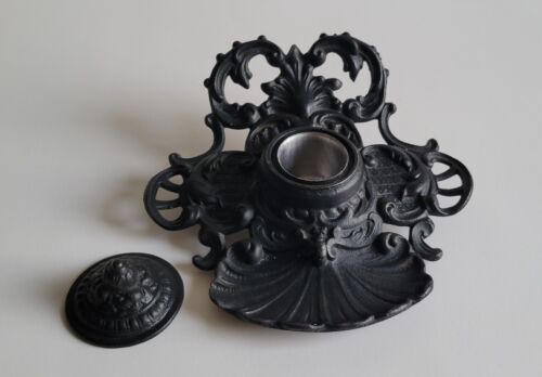 Victorian Black Vintage Lidded Art Nouveau Heavy Metal Writing Desk Inkwell Ink - Picture 6 of 12
