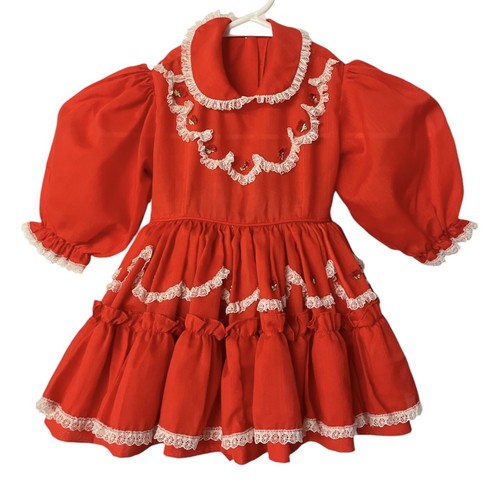 Vtg Mary Louise Original Ruffled Circle Dress Girls Size 2T Red Lace Trim Party - Picture 2 of 12