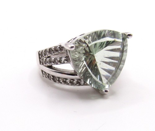 Huge! Sterling Silver Trillion Cut Prasiolite with White Zircon Ring Sz 6