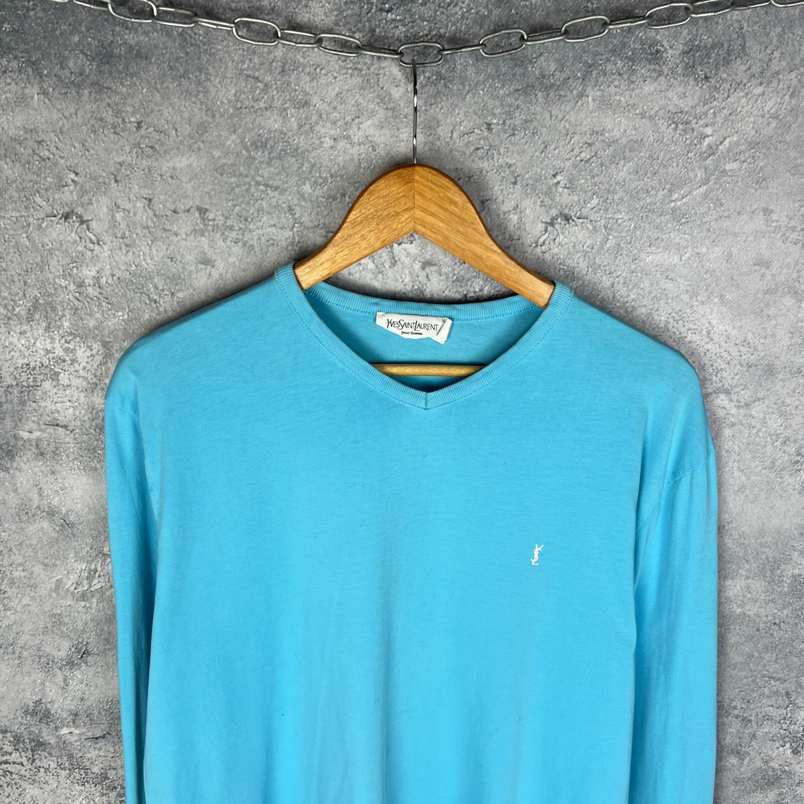 SAINT LAURENT Maglione pullover uomo YvesSaintLaurent scollo a V blu cotone taglia L