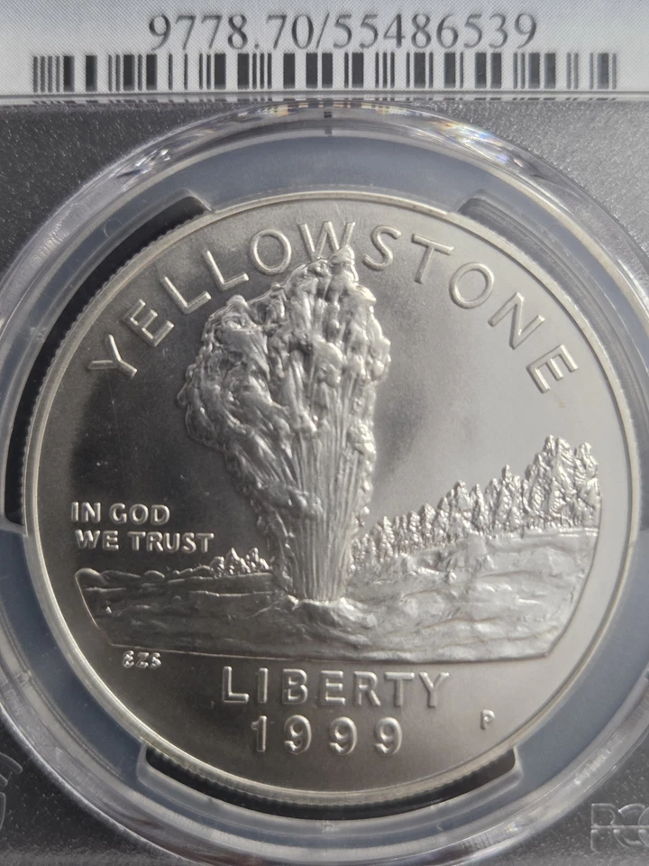 Dólar de plata conmemorativo Yellowstone 1999-P graduación profesional MS70 ETIQUETA AZUL  Foto 3 de 4
