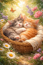Adorable Kittens Sleeping Basket Cat Poster Print Framed Canvas Wall Art