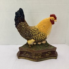 VTG 10” Cast Iron Rooster Hen Painted Chickens Door Stop Farmhouse Country Decor