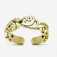 14K Yellow Gold Plated Round Green Emerald Wave Adjustable Toe Ring