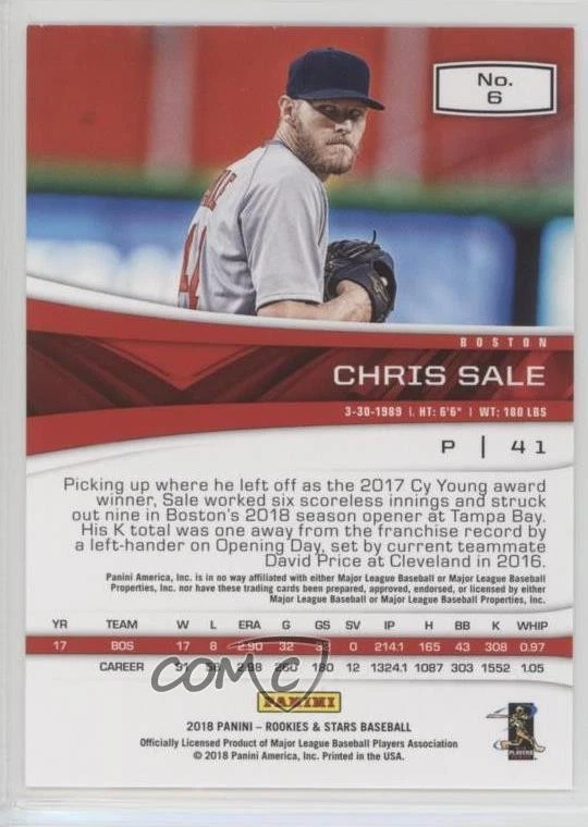 2018 Panini Chronicles Rookies and Stars Chris Sale #6 - Image 2 of 2
