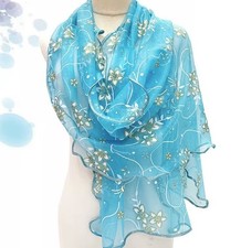 Blue Polyester Mesh Scarf with Shimmery Gold Accents