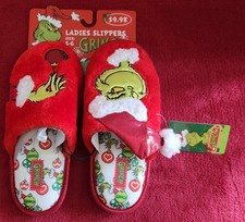 Dr. Seuss The Grinch Women's Slippers Size 5-6 Small Christmas Santa Hat NWT